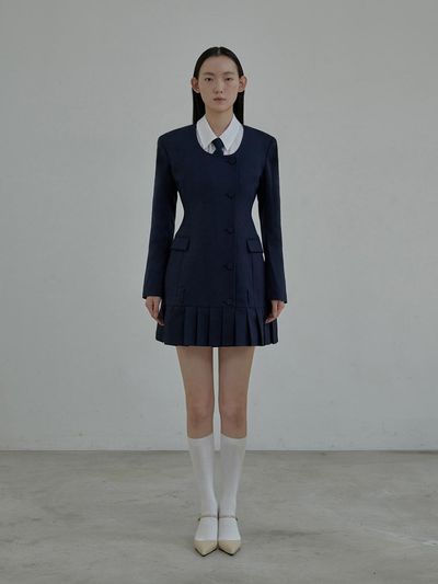 MAUSOLEUM Jenn round neck pleated suit jacket dress - Navy
