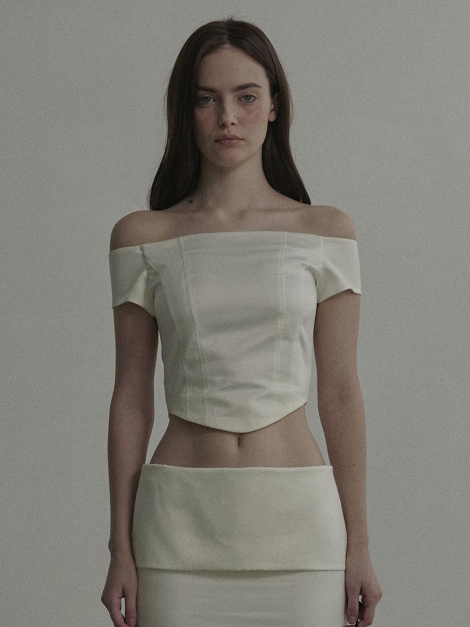 MAUSOLEUM Satin Off-shoulder Corset Blouse [Light Beige]