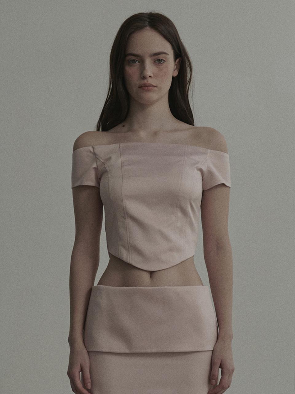 MAUSOLEUM Satin Off-shoulder Corset Blouse [Pink]