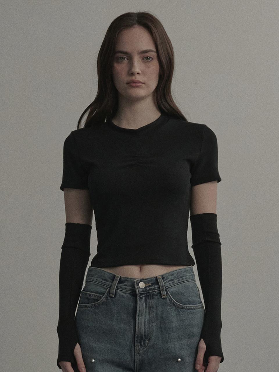 MAUSOLEUM Shell Ribbed Shirring T-Shirt [Black]