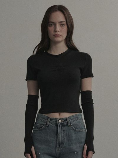 MAUSOLEUM Shell Ribbed Shirring T-Shirt [Black]