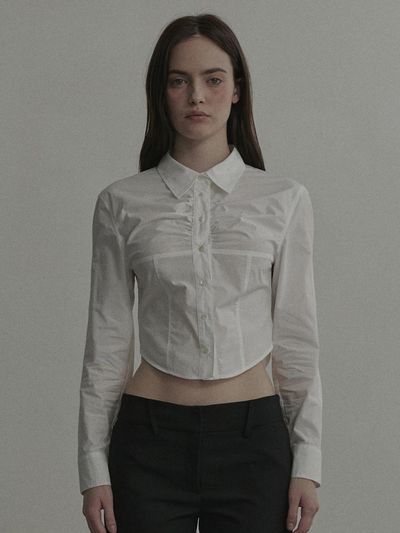 MAUSOLEUM Shell Shirring Slim Fit Cotton Shirt [Beige]