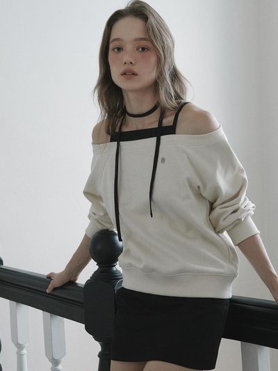 MAUSOLEUM String Off Shoulder Cotton Blend T-Shirt [Cream]