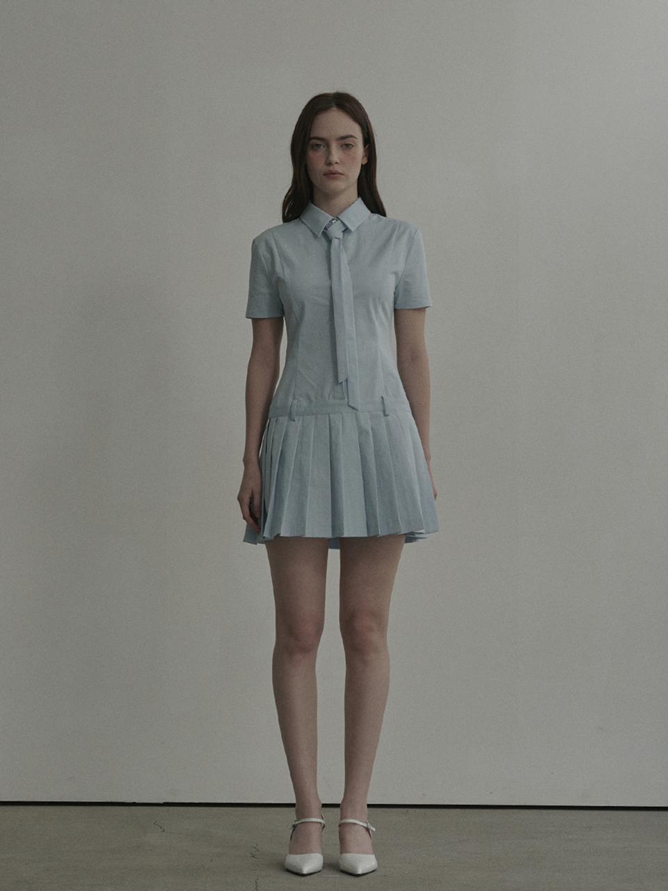 MAUSOLEUM Tie Pleated Shirt Dress [Sky Blue]