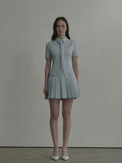 MAUSOLEUM Tie Pleated Shirt Dress [Sky Blue]