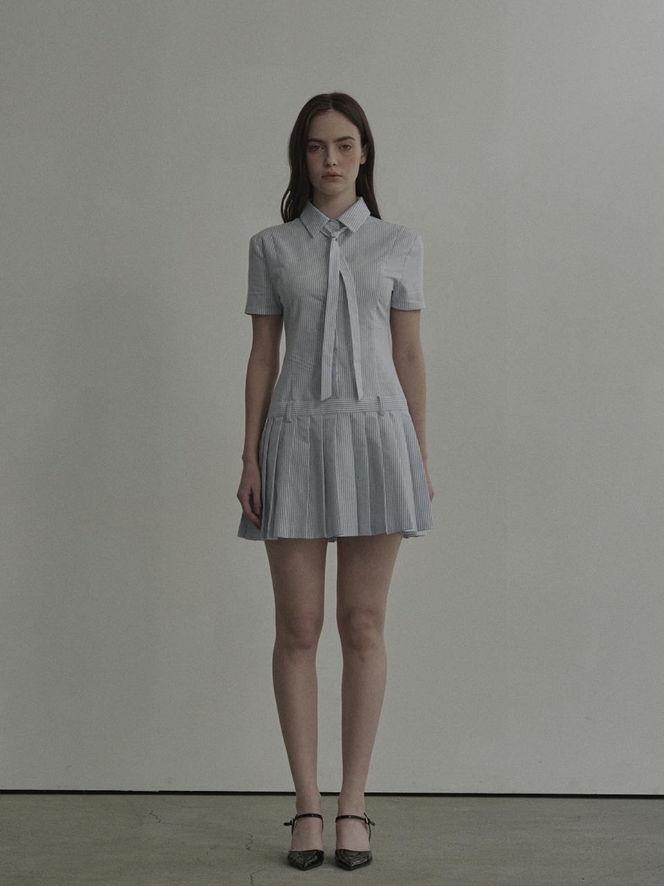 MAUSOLEUM Tie Pleated Shirt Stripe Dress