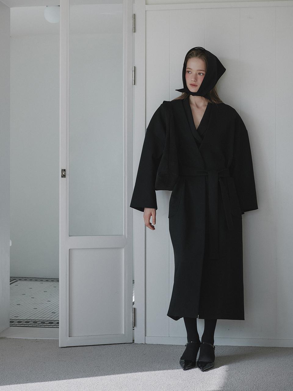MAUSOLEUM Wool No-Collar Belted Coat [Black]