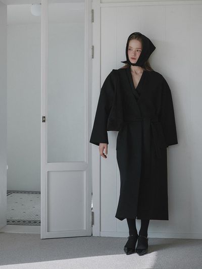 MAUSOLEUM Wool No-Collar Belted Coat [Black]