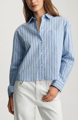 Mavi Jeans Mavi Jeans Stripe Long Sleeve Crop Cotton Blend Button-Up Shirt