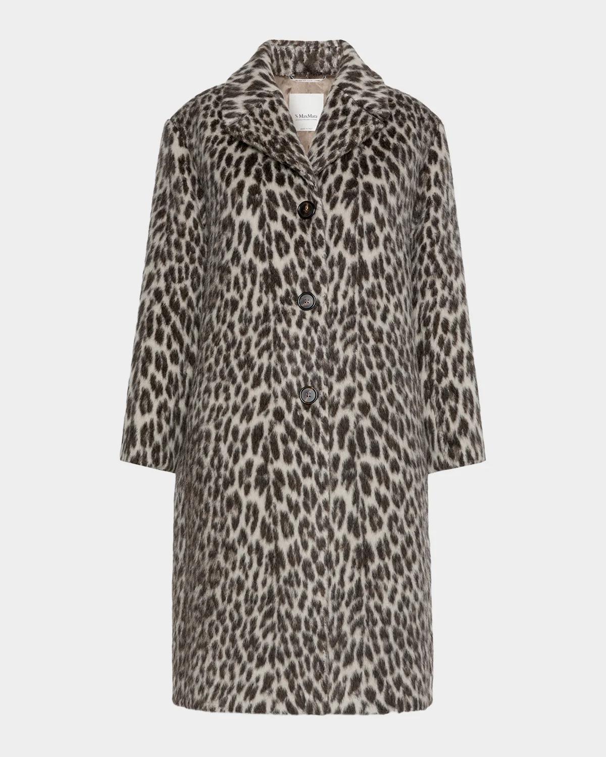 Max Mara Leopard-Print Wool Single-Breasted Long Coat