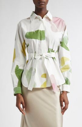 Max Mara Max Mara Quiete Abstract Print Cotton Belted Shirt