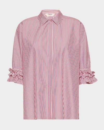 Max Mara Ruffle-Trim Striped Cotton Poplin Shirt