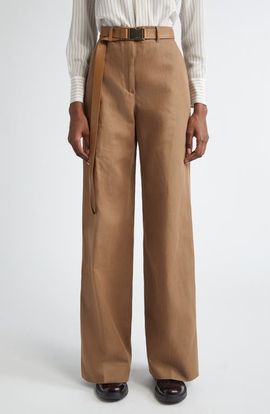 Max Mara Studio Max Mara Studio Murge Belted Cotton & Linen Drill Wide Leg Trousers
