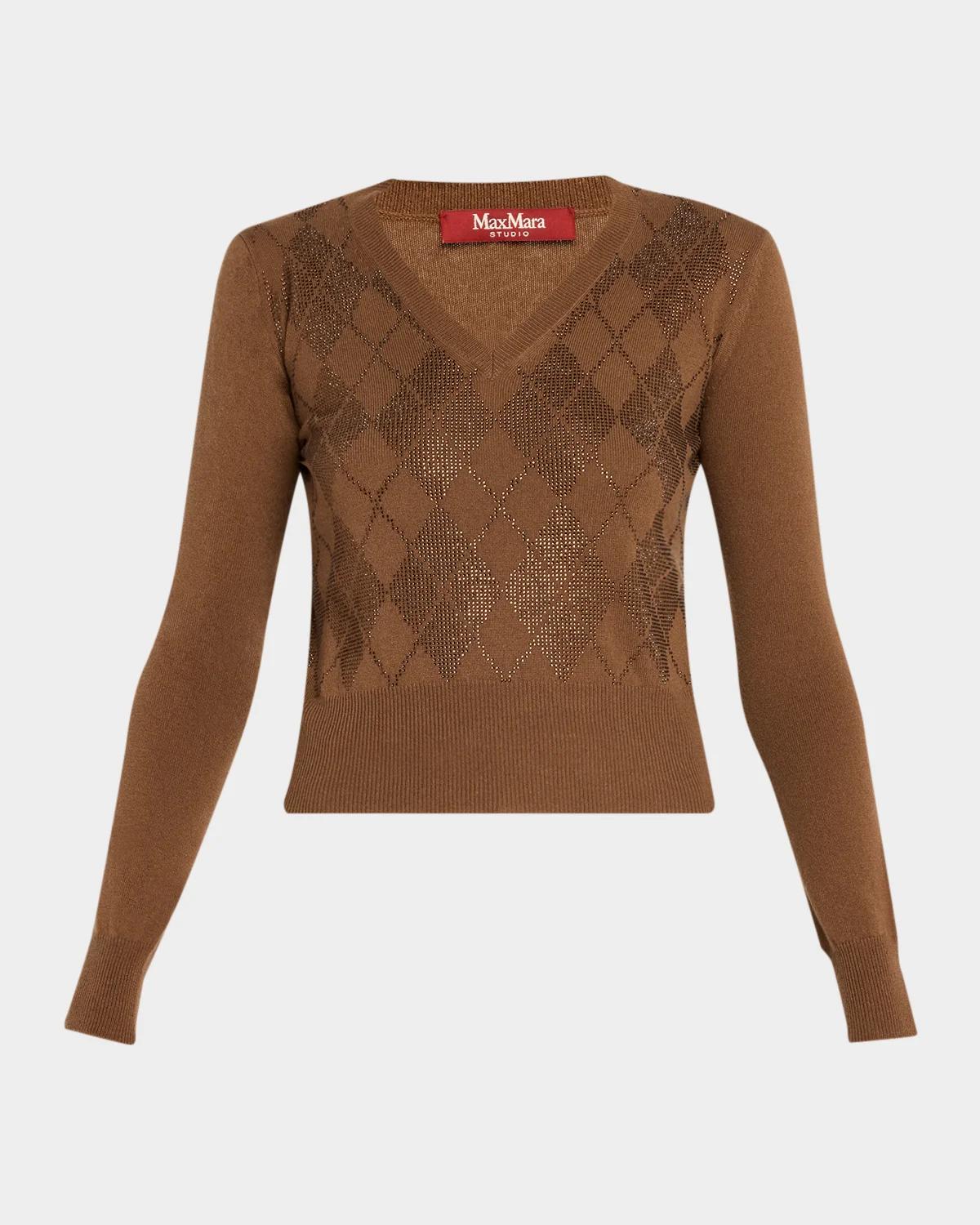 Max Mara Studio Rhinestone Argyle Wool-Cashmere Sweater