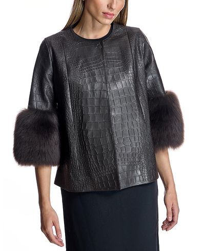 Maximilian Maximilian Croc Embossed Leather Jacket with Shearling Lamb Cuff Trim