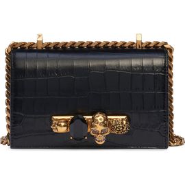 McQueen Alexander McQueen Jewelled Knuckle Croc Embossed Leather Crossbody Bag