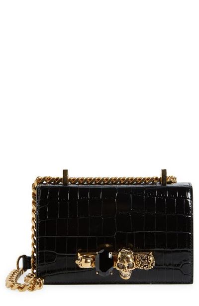 McQueen Alexander McQueen Mini Jeweled Croc Embossed Leather Satchel