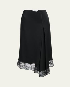 McQueen Asymmetric Lace-Trim Satin Midi Skirt