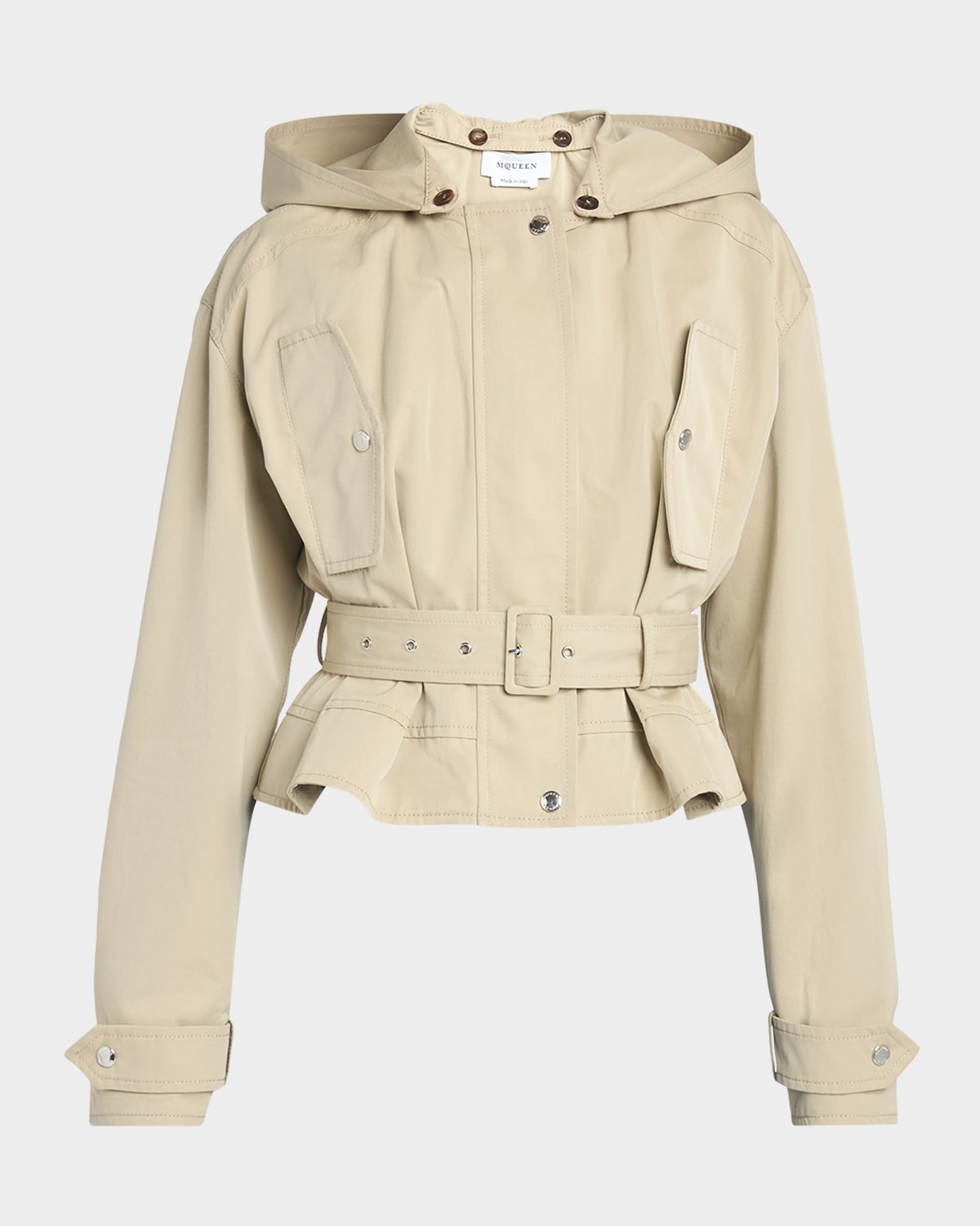 McQueen Belted Windbreaker Jacket With Detachable Hood