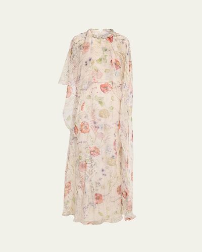 McQueen Crystal Meadow Floral-Print Asymmetric Cape Gown
