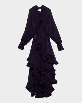 McQueen Draped Open-Back Ruffle Cape Gown