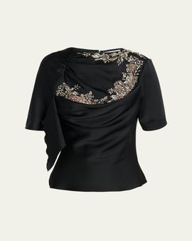 McQueen Embroidered Lace Draped Silk Top
