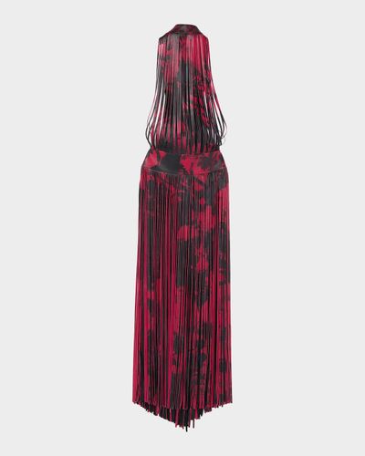 McQueen Floral-Print Leather Fringe Maxi Dress