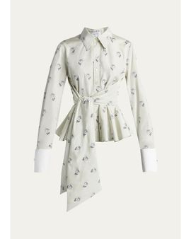 McQueen Floral Jacquard Taffeta Wrap Peplum Shirt
