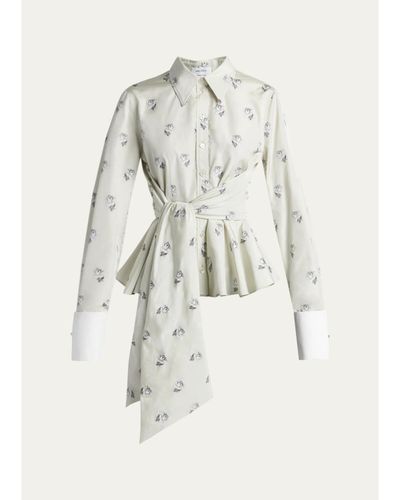 McQueen Floral Jacquard Taffeta Wrap Peplum Shirt