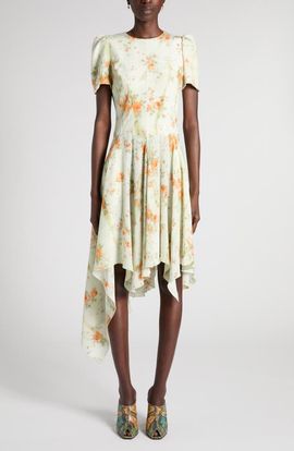 McQueen McQueen Floral Print Asymmetric Hem Silk Dress