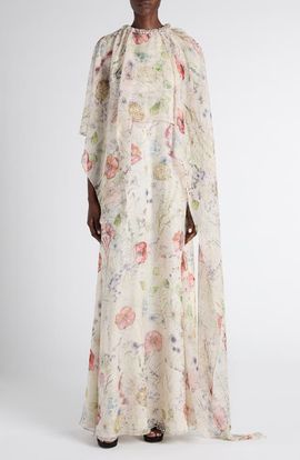 McQueen McQueen Floral Print Silk Cape Dress