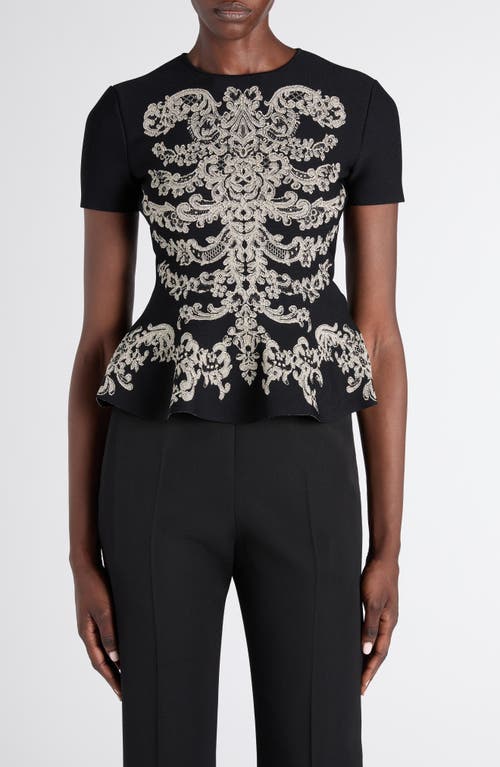 McQueen McQueen Metallic Lace Rib Cage Jacquard Peplum Top