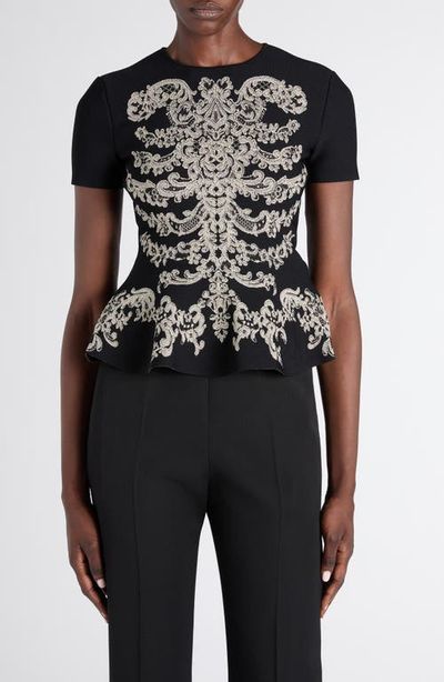 McQueen McQueen Metallic Lace Rib Cage Jacquard Peplum Top