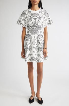 McQueen McQueen Sailor Tattoo Jacquard Cape Sleeve Fit & Flare Sweater Dress