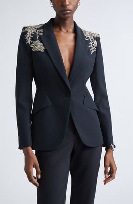 McQueen McQueen Silver Tattoo Peak Shoulder Blazer
