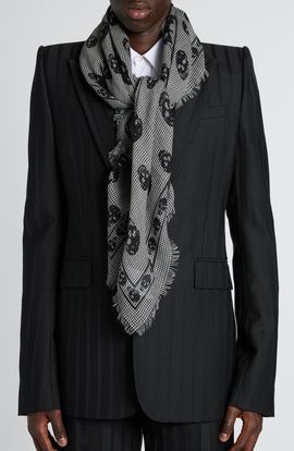 McQueen McQueen Skull Houndstooth Wool & Silk Fringe Scarf