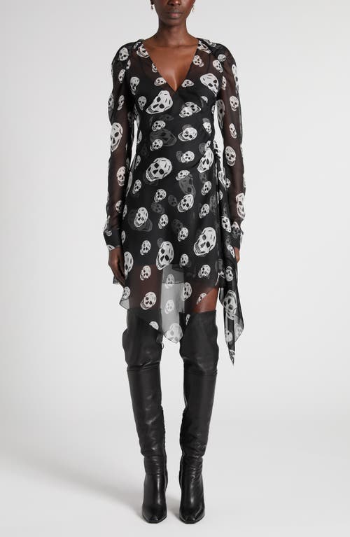 McQueen McQueen Skull Print Long Sleeve Silk Chiffon Wrap Dress