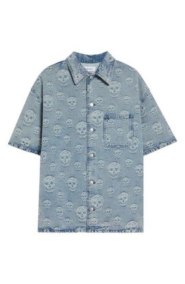 McQueen McQueen Skull Print Short Sleeve Denim Button-Up Shirt