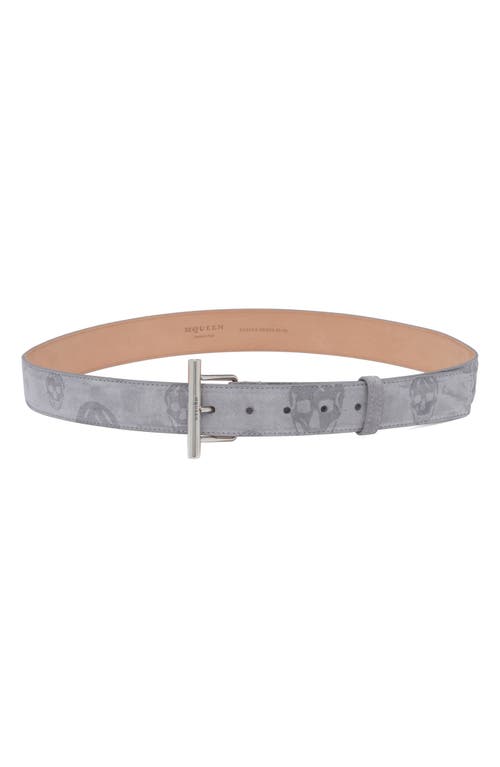McQueen McQueen T-Bar Skull Print Suede Belt
