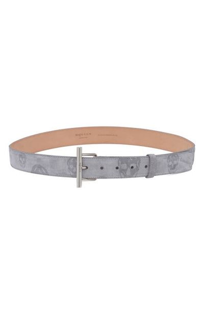 McQueen McQueen T-Bar Skull Print Suede Belt