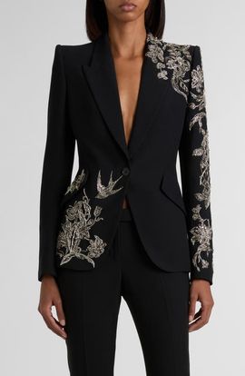 McQueen McQueen Tattoo Embroidery Peak Shoulder Crepe Blazer