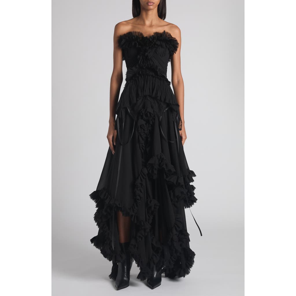 McQueen McQueen Tiered Ruffle Strapless Silk Georgette Gown