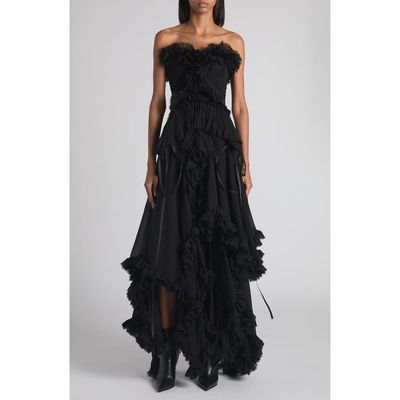 McQueen McQueen Tiered Ruffle Strapless Silk Georgette Gown