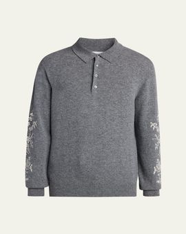 McQueen Men's Wool Floral-Embroidered Polo Sweater