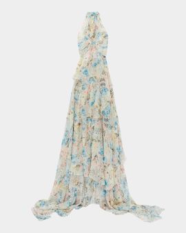 McQueen Pleated Floral Silk Georgette Halter Evening Dress
