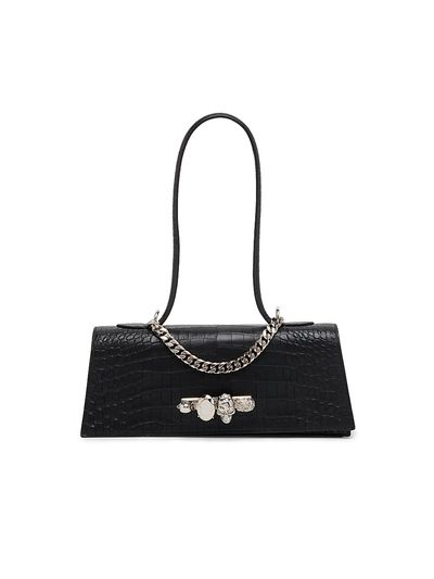 McQueen Women's Jewelled Croc-Embossed Leather Top Handle Bag