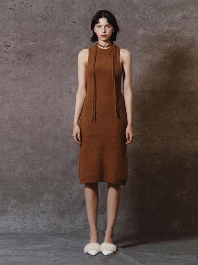 MEENDERI BOUCLE KNIT LONG DRESS - BROWN
