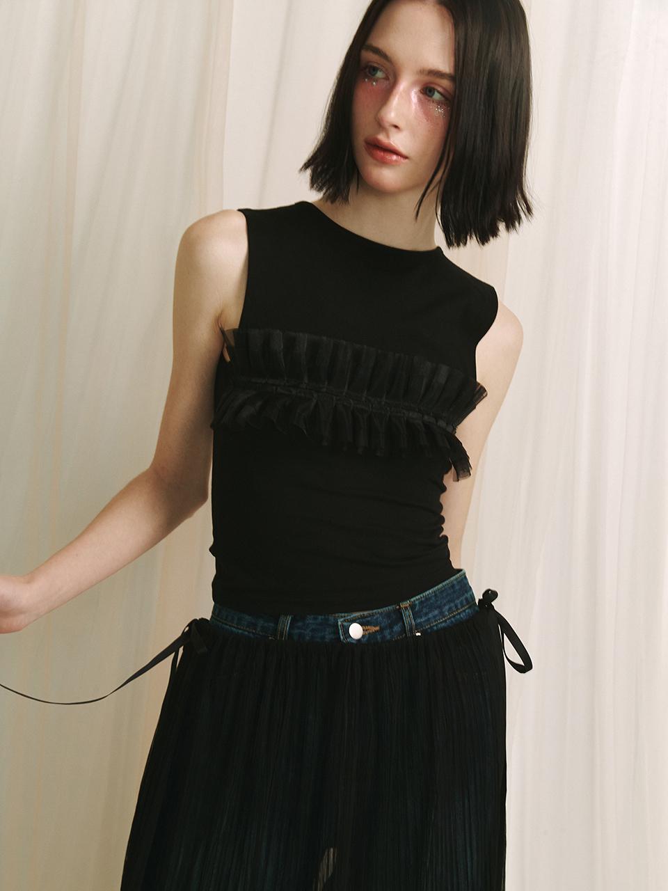 MEENDERI Ruffle Lace Sleeveless Top - Black