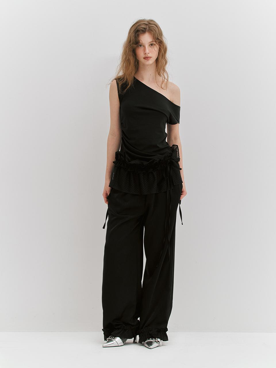 MEENDERI RUFFLE SHIRRING WIDE PANTS [BLACK]
