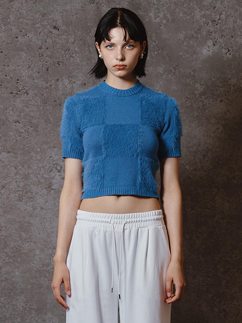 MEENDERI SOFT CHECKERBOARD KNIT TOP - BLUE